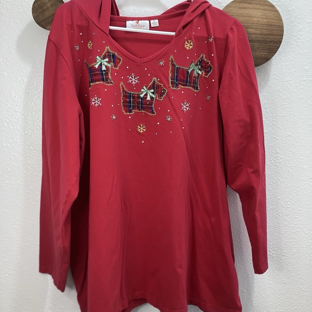 Quaker Factory Scottie Dog Red Holiday Hooded Long Sleeve Top 1X Christmas